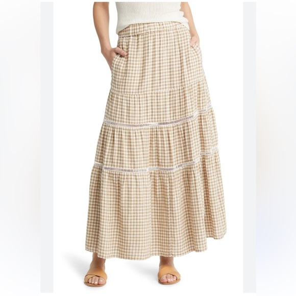 Madewell Dresses & Skirts - Madewell Gingham Tiered Linen Blend Maxi Skirt Tan Cream XS